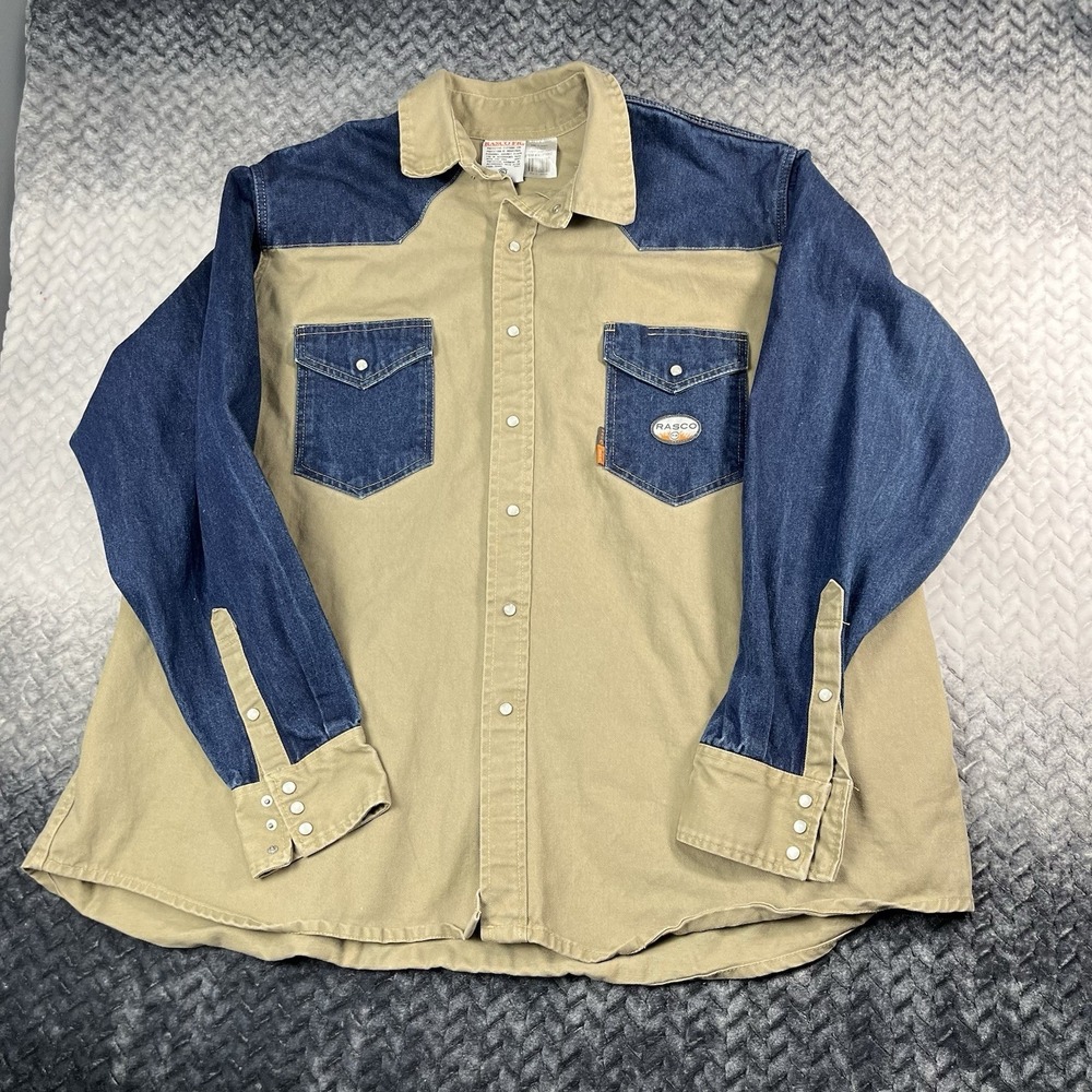 Rasco FR Shirt Mens 5XL Pearl Snap Flame Resistant Western Denim Blue Tan